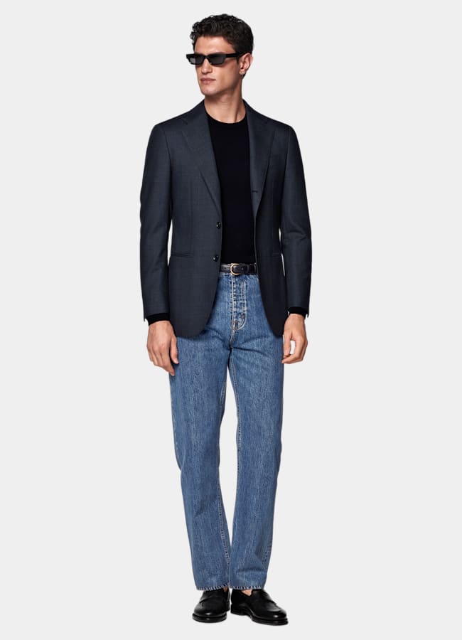 SUITSUPPLY All Season Wrinkle-Free Wool by Rogna, Italy Navy Checked Tailored Fit Havana Blazer