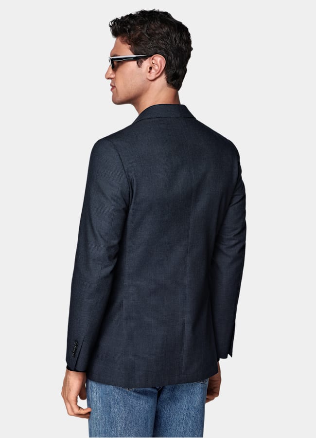 SUITSUPPLY All Season Wrinkle-Free Wool by Rogna, Italy Navy Checked Tailored Fit Havana Blazer