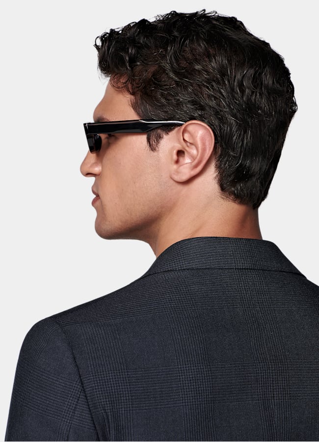 SUITSUPPLY All Season Wrinkle-Free Wool by Rogna, Italy Navy Checked Tailored Fit Havana Blazer