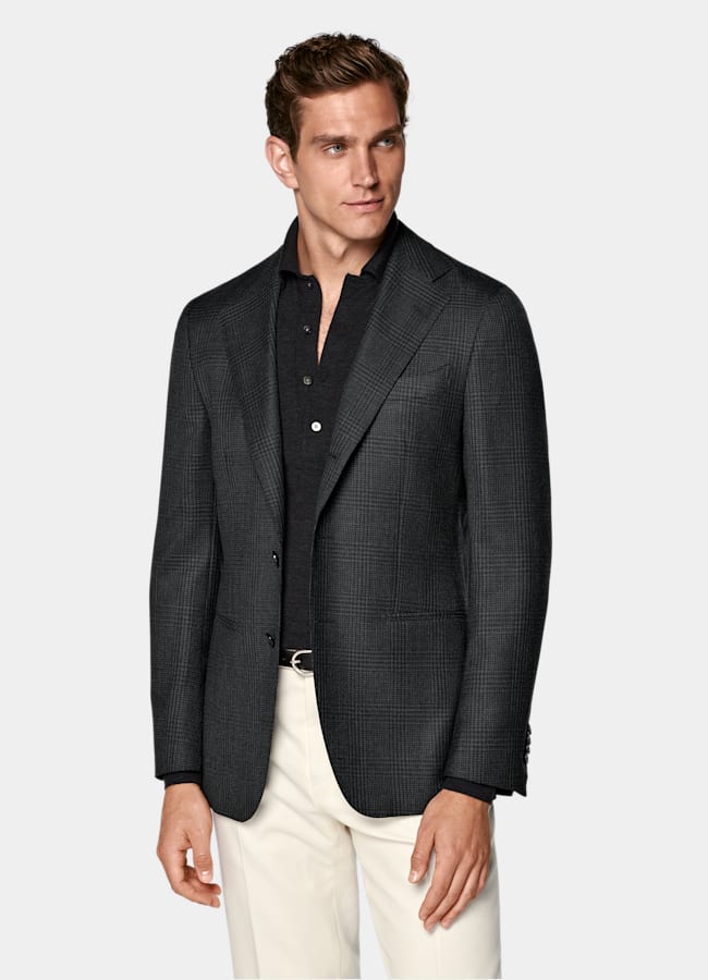 SUITSUPPLY Winter Pure S130's Wool by Drago, Italy Dark Grey Checked Tailored Fit Havana Blazer
