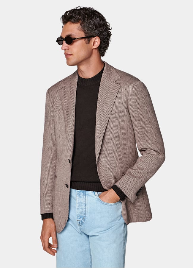 SUITSUPPLY Winter Wool Alpaca Silk by Ferla, Italy Pink Herringbone Relaxed Fit Roma Blazer