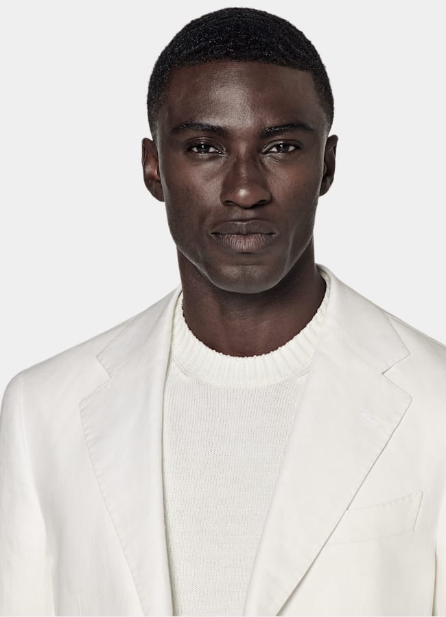SUITSUPPLY Summer Linen Cotton by Di Sondrio, Italy Off-White Tailored Fit Havana Suit Jacket