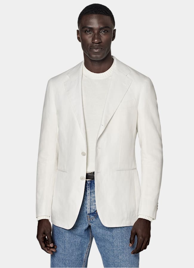 SUITSUPPLY Summer Linen Cotton by Di Sondrio, Italy Off-White Tailored Fit Havana Suit Jacket