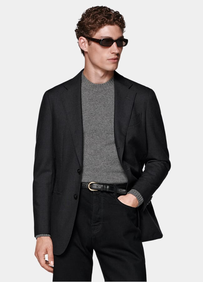 SUITSUPPLY All Season Wrinkle-Free 4-Ply Wool by Rogna, Italy Dark Grey Tailored Fit Havana Suit Jacket