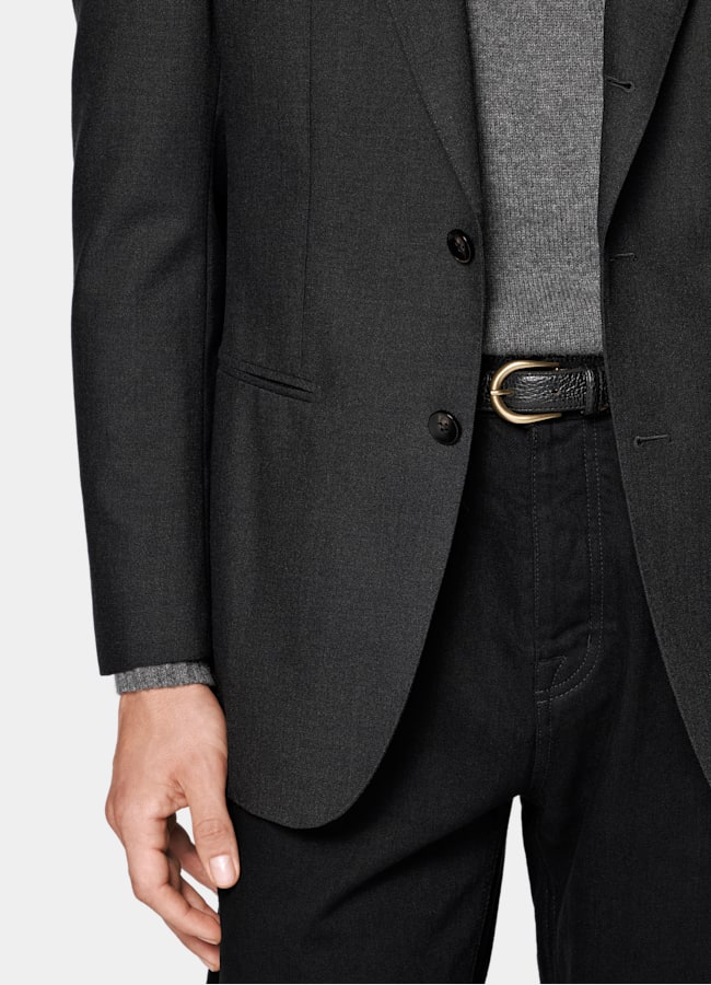 SUITSUPPLY All Season Wrinkle-Free 4-Ply Wool by Rogna, Italy Dark Grey Tailored Fit Havana Suit Jacket