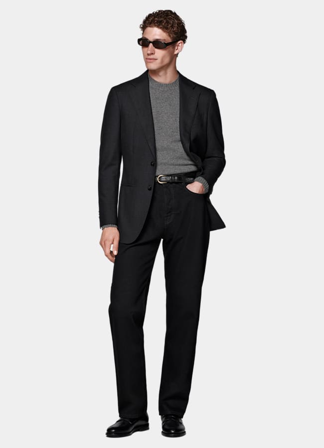 SUITSUPPLY All Season Wrinkle-Free 4-Ply Wool by Rogna, Italy Dark Grey Tailored Fit Havana Suit Jacket