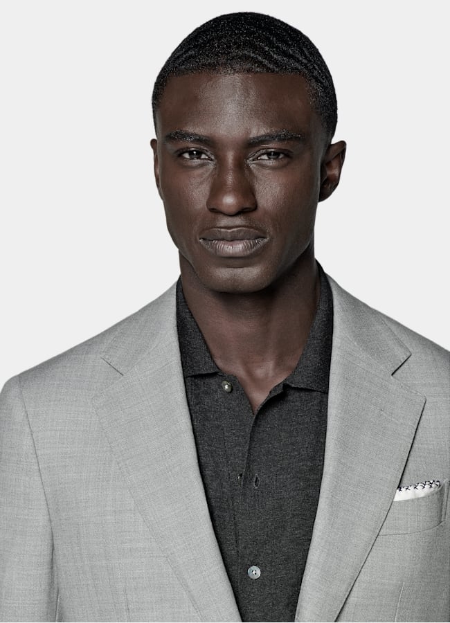 SUITSUPPLY All Season Wrinkle-Free 4-Ply Wool by Rogna, Italy Light Grey Tailored Fit Havana Suit Jacket