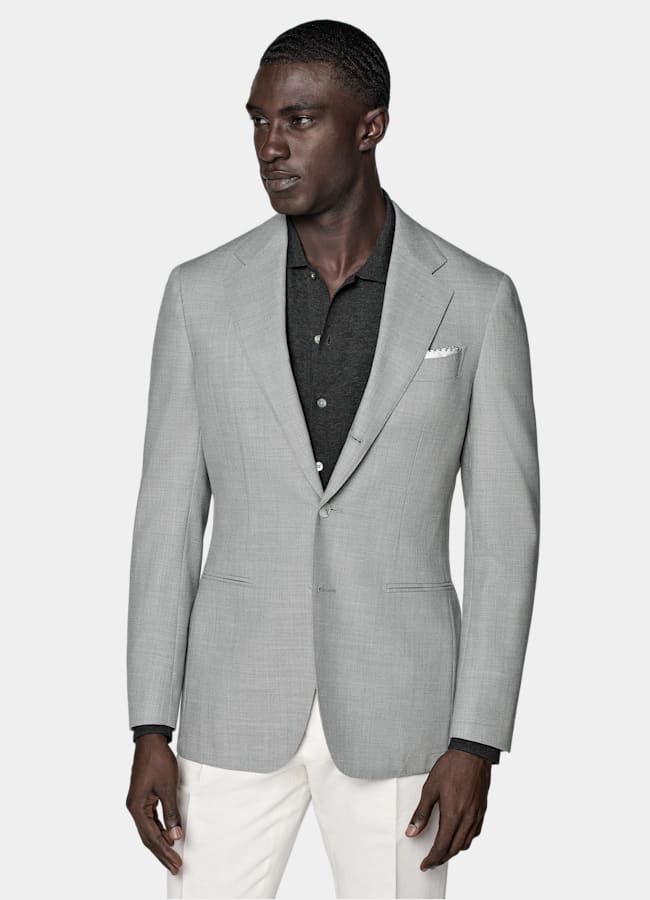 SUITSUPPLY All Season Wrinkle-Free 4-Ply Wool by Rogna, Italy Light Grey Tailored Fit Havana Suit Jacket