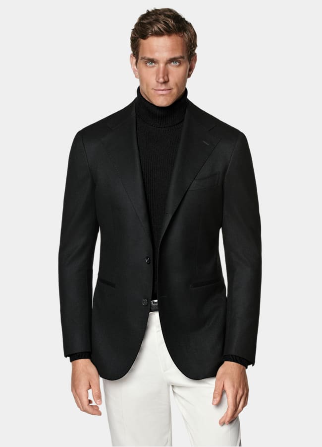 SUITSUPPLY Winter Pure S120's Wool Flannel by Vitale Barberis Canonico, Italy Black Relaxed Fit Roma Suit Jacket