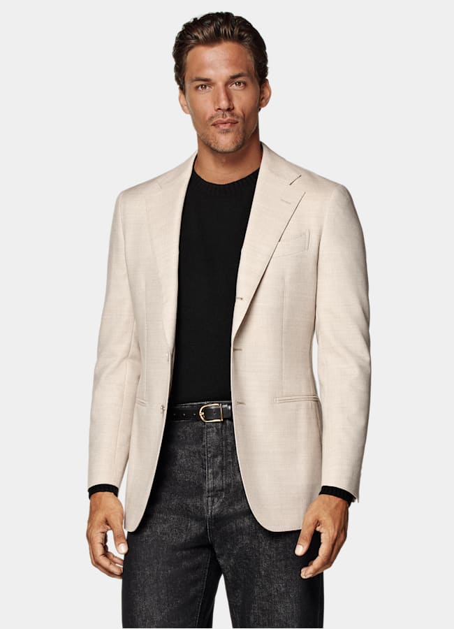 SUITSUPPLY All Season Wrinkle-Free 4-Ply Wool by Rogna, Italy Sand Tailored Fit Havana Suit Jacket
