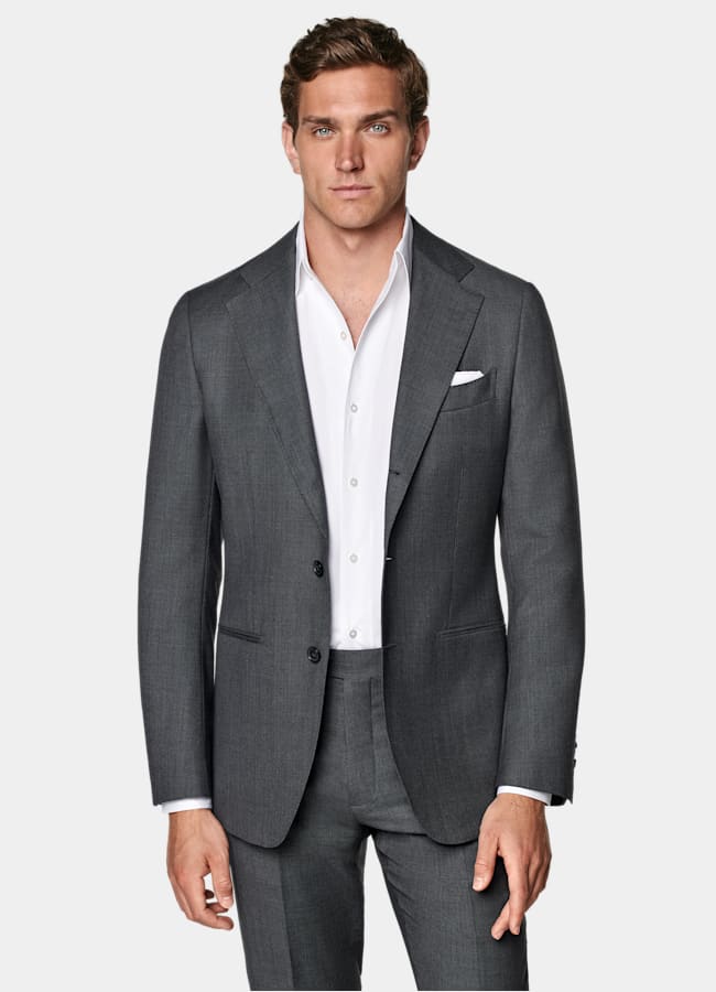 SUITSUPPLY All Season Pure S130's Wool by Reda, Italy Dark Grey Bird's Eye Tailored Fit Havana Suit Jacket