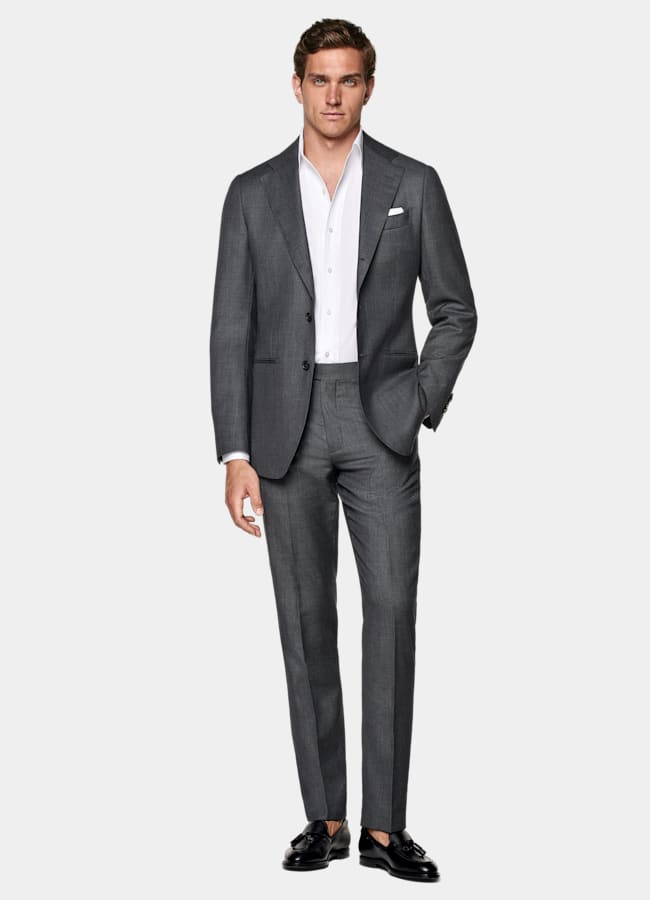 SUITSUPPLY All Season Pure S130's Wool by Reda, Italy Dark Grey Bird's Eye Tailored Fit Havana Suit Jacket