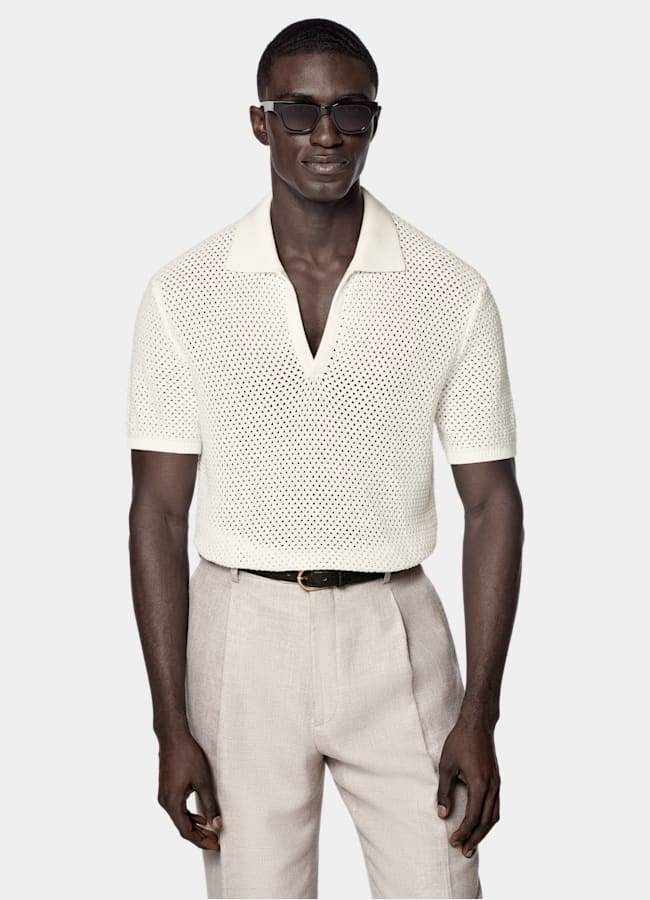 SUITSUPPLY Pure Cotton Off-White Crochet Buttonless Polo