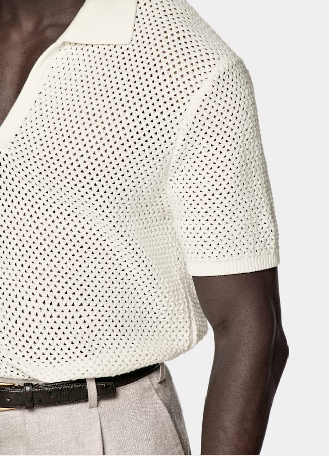 SUITSUPPLY Pure Cotton Off-White Crochet Buttonless Polo