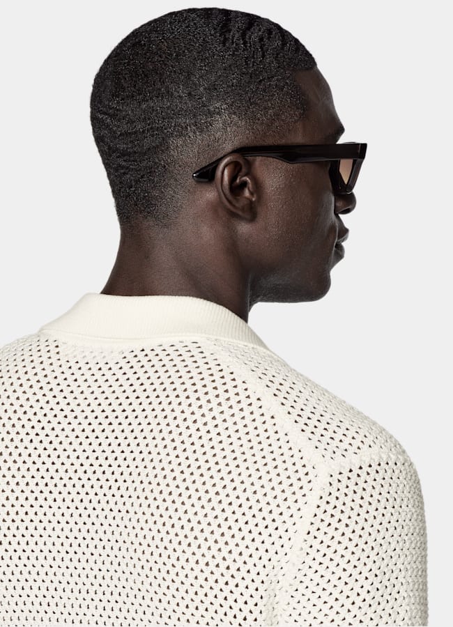 SUITSUPPLY Pure Cotton Off-White Crochet Buttonless Polo