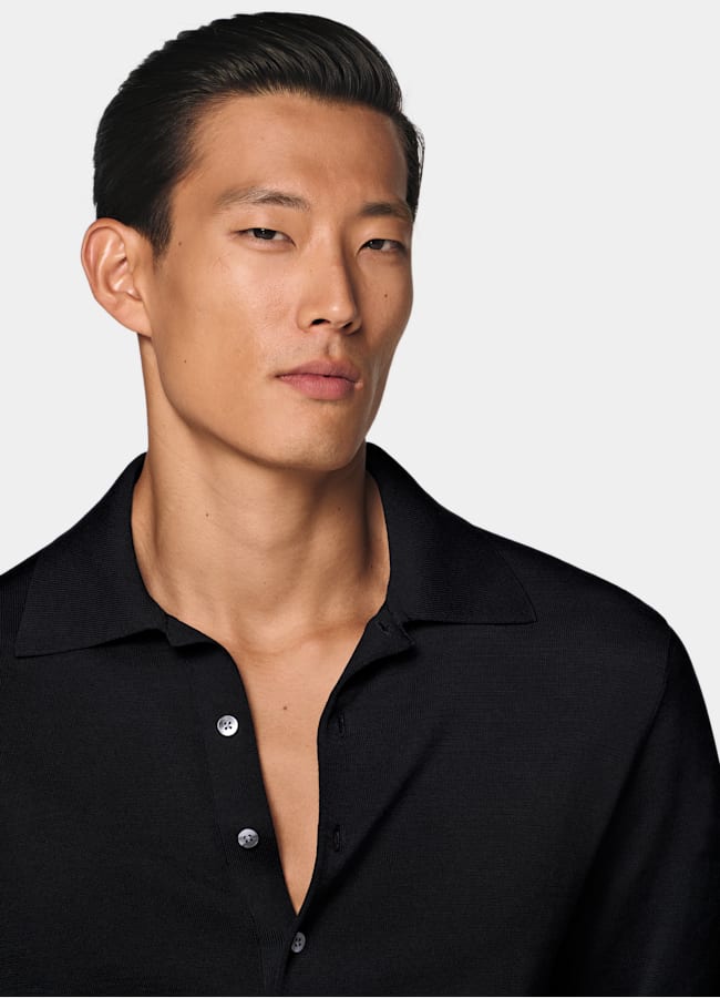 SUITSUPPLY Baumwolle-Seide Polo Langarm schwarz