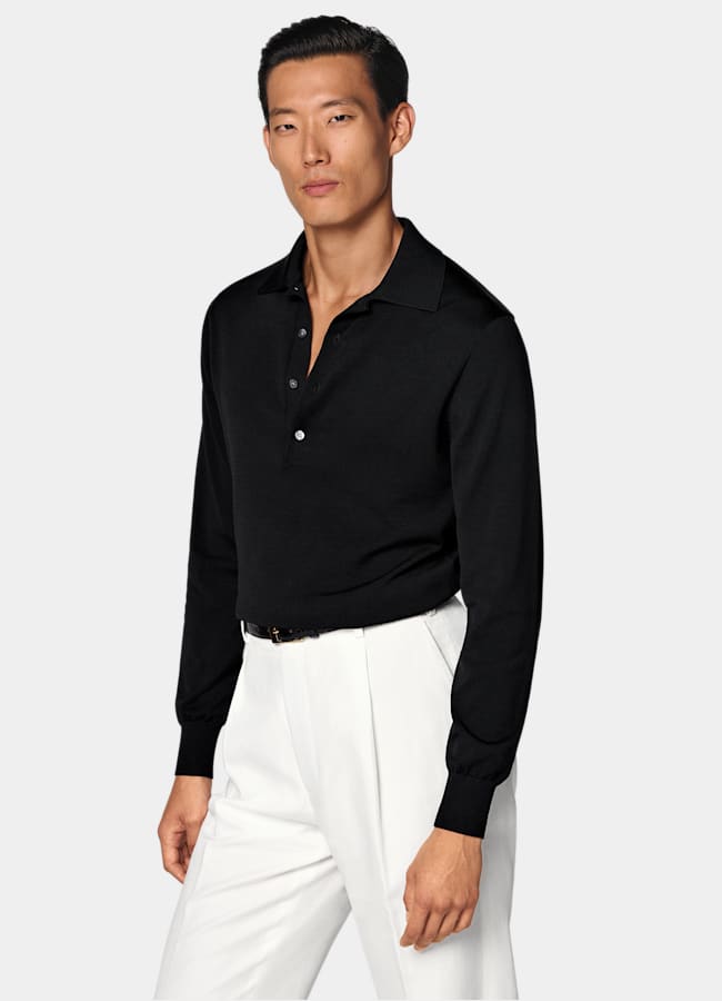 SUITSUPPLY Baumwolle-Seide Polo Langarm schwarz