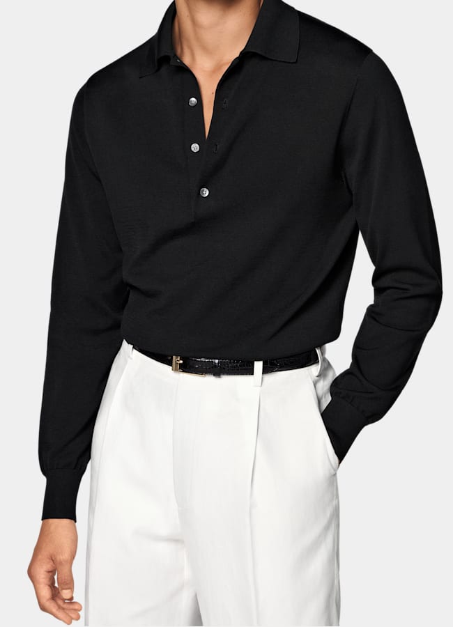 SUITSUPPLY Baumwolle-Seide Polo Langarm schwarz