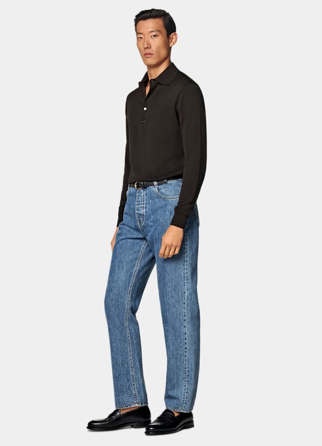 SUITSUPPLY Cotton Silk Dark Brown Long Sleeve Polo