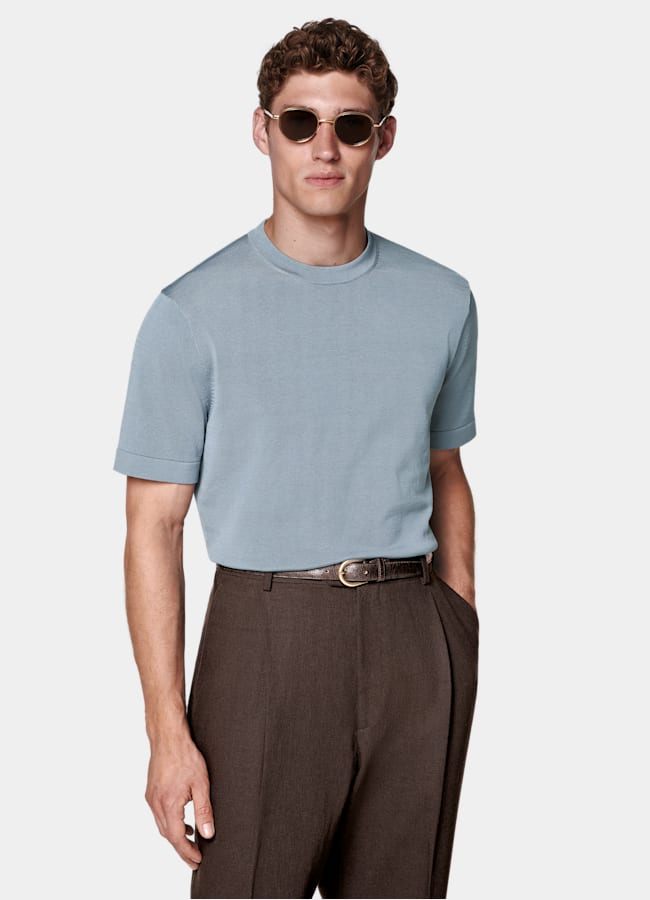SUITSUPPLY Cotton Silk Light Blue Short Sleeve Crewneck