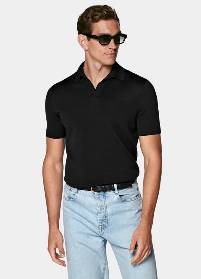 SUITSUPPLY Coton et soie Polo sans boutons noir