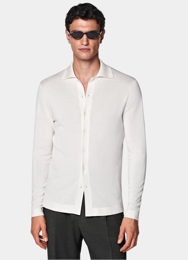SUITSUPPLY Cotton Silk Off-White Long Sleeve Polo Cardigan