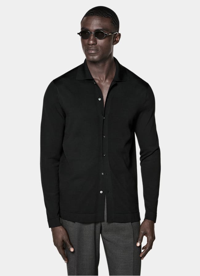 SUITSUPPLY Algodón y seda Cárdigan polo negro de manga larga