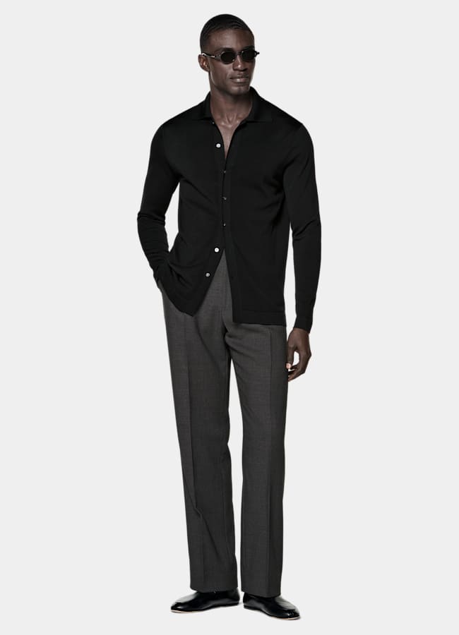 SUITSUPPLY Algodón y seda Cárdigan polo negro de manga larga