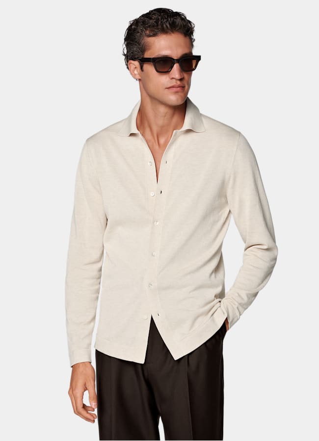 SUITSUPPLY Cotton Silk Sand Long Sleeve Polo Cardigan