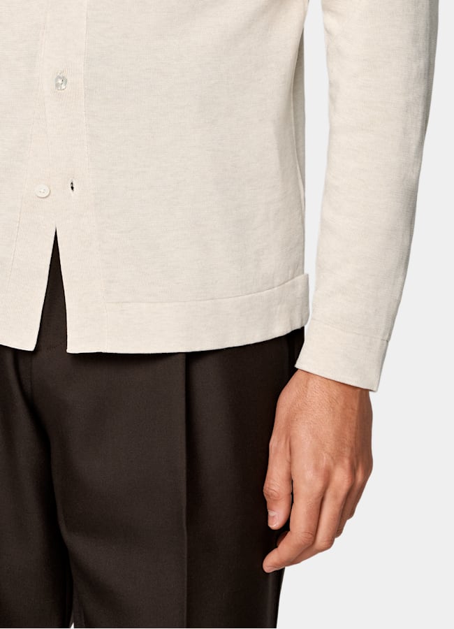 SUITSUPPLY Cotton Silk Sand Long Sleeve Polo Cardigan