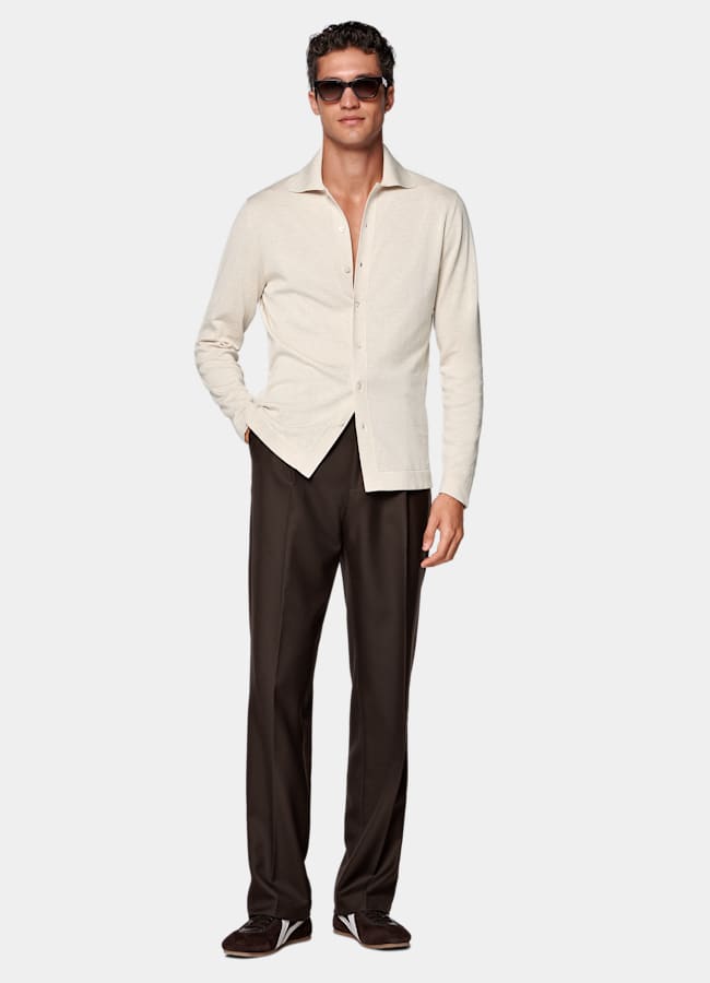 SUITSUPPLY Cotton Silk Sand Long Sleeve Polo Cardigan