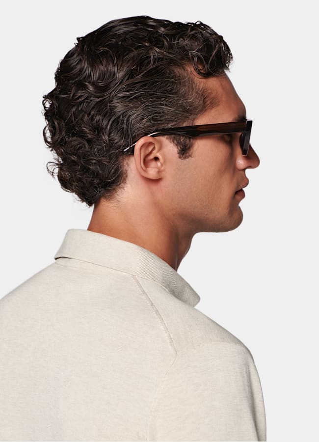 SUITSUPPLY Cotton Silk Sand Long Sleeve Polo Cardigan