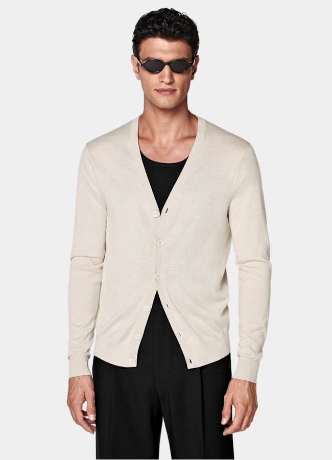 SUITSUPPLY Silk Wool Cashmere Sand V-Neck Cardigan