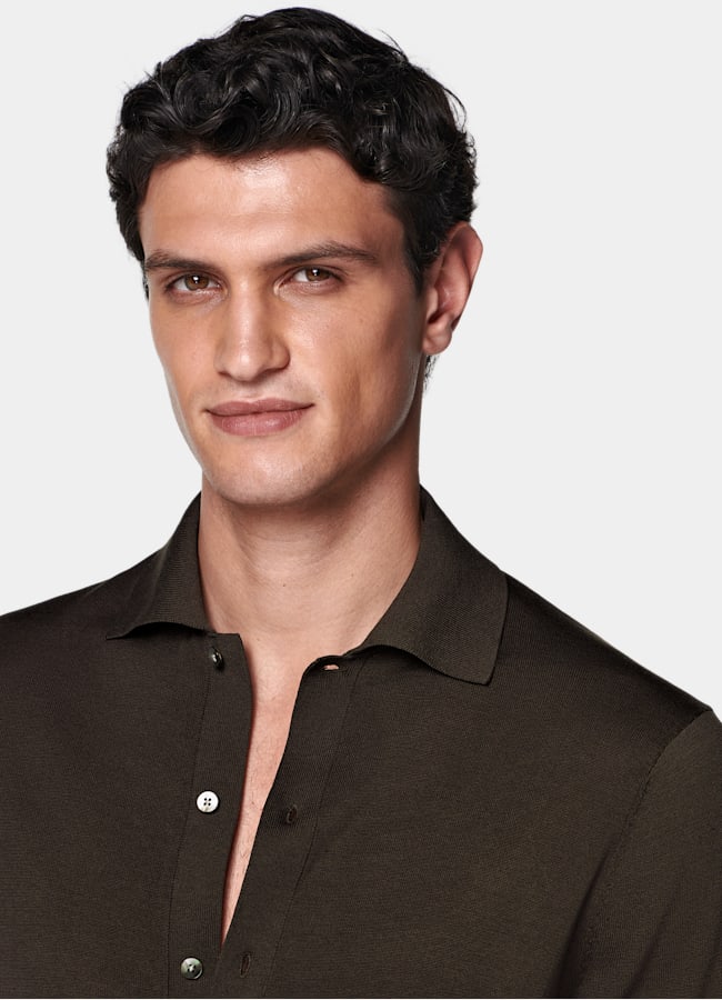 SUITSUPPLY Cotton Silk Dark Brown Long Sleeve Polo Cardigan