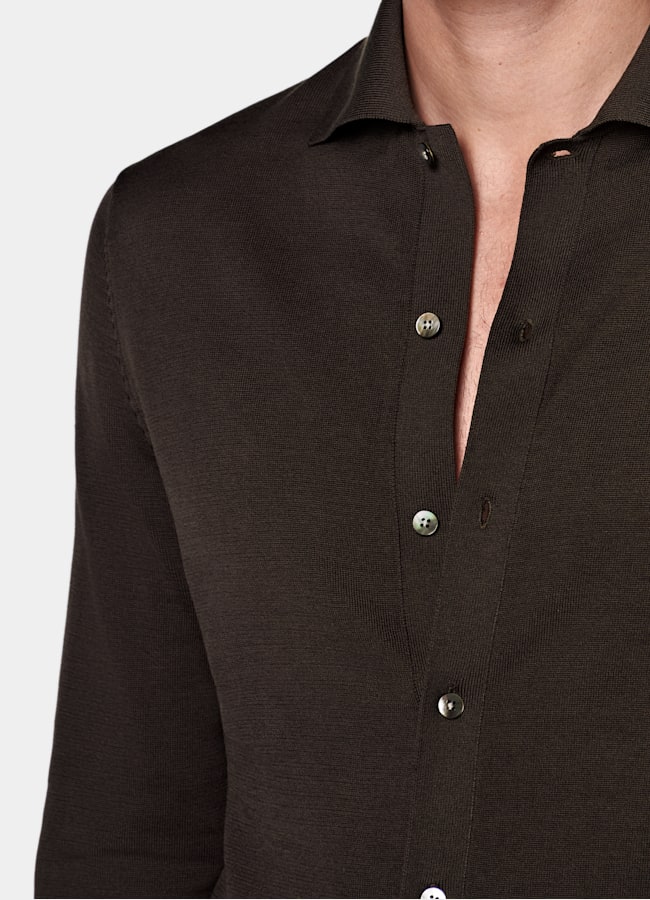 SUITSUPPLY Cotton Silk Dark Brown Long Sleeve Polo Cardigan