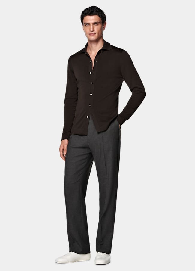 SUITSUPPLY Cotton Silk Dark Brown Long Sleeve Polo Cardigan