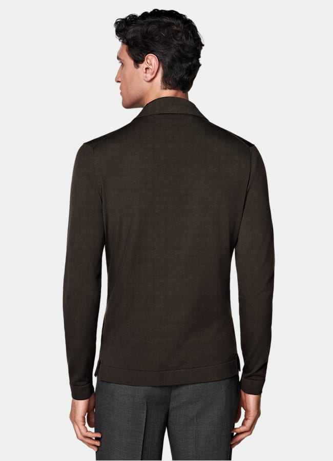 SUITSUPPLY Cotton Silk Dark Brown Long Sleeve Polo Cardigan