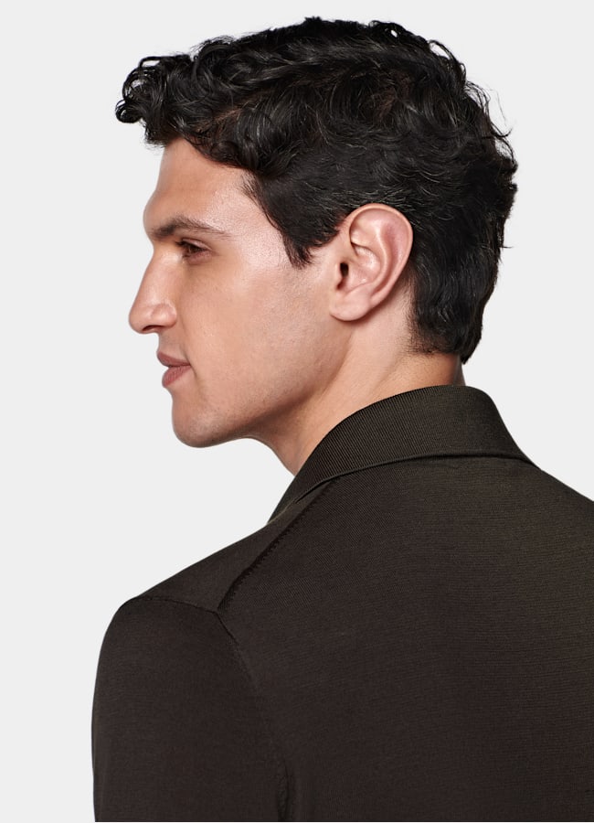 SUITSUPPLY Cotton Silk Dark Brown Long Sleeve Polo Cardigan