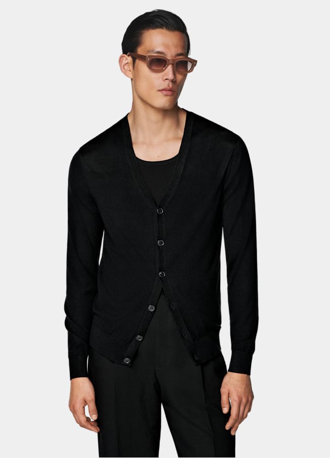 SUITSUPPLY Silk Wool Cashmere Black V-Neck Cardigan