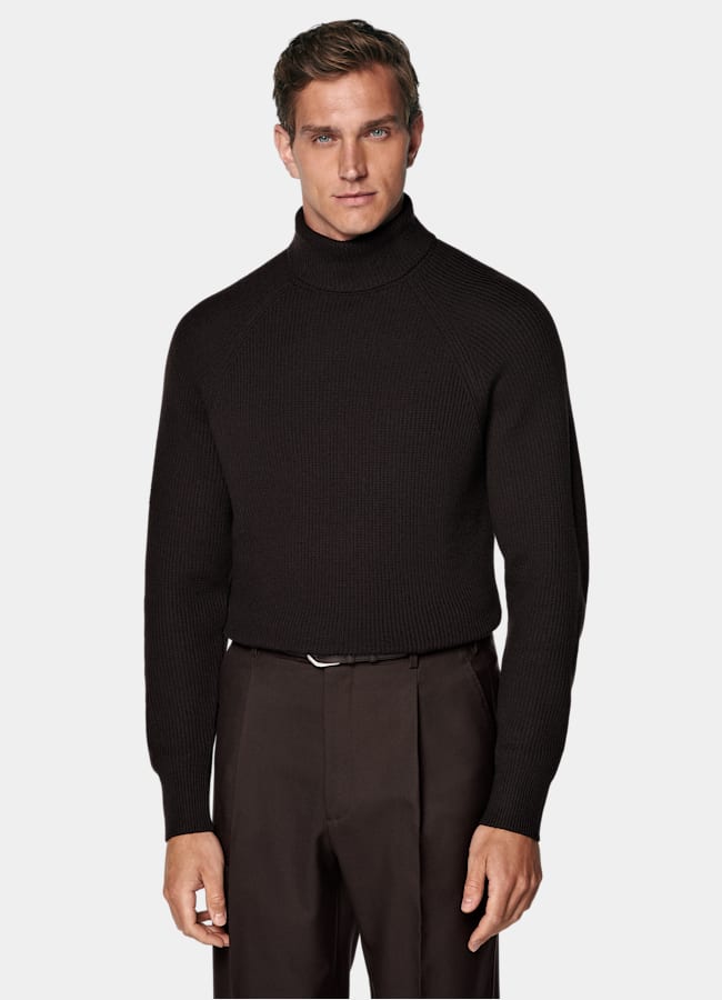 SUITSUPPLY Pure Wool Dark Brown Ribbed Turtleneck