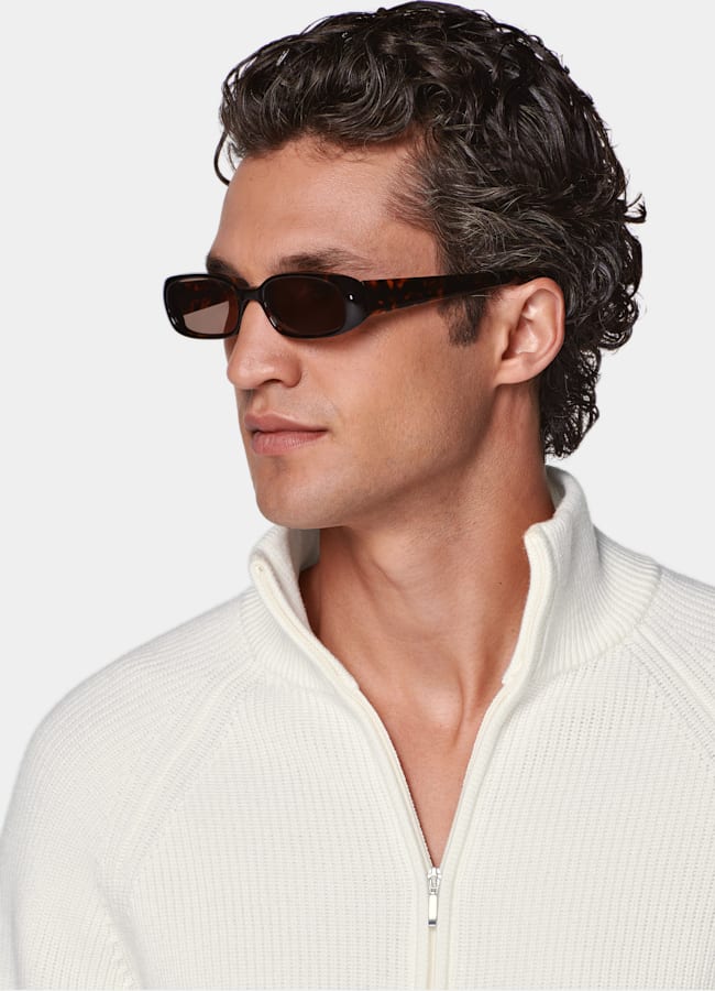 SUITSUPPLY Pure Wool Off-White Ribbed Zip Cardigan