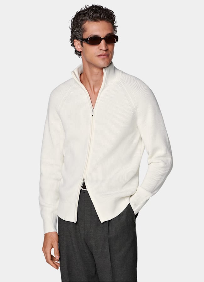 SUITSUPPLY Pure Wool Off-White Ribbed Zip Cardigan