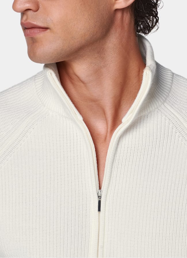SUITSUPPLY Pure Wool Off-White Ribbed Zip Cardigan