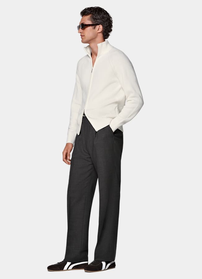 SUITSUPPLY Pure Wool Off-White Ribbed Zip Cardigan