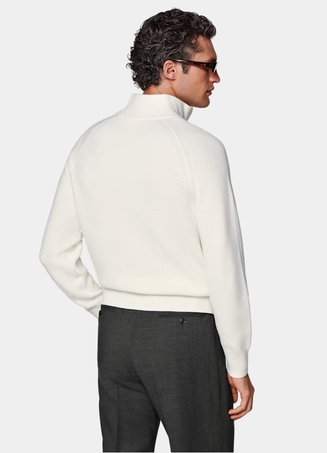 SUITSUPPLY Pure Wool Off-White Ribbed Zip Cardigan