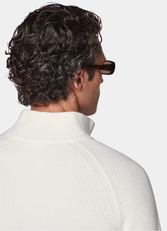SUITSUPPLY Pure Wool Off-White Ribbed Zip Cardigan