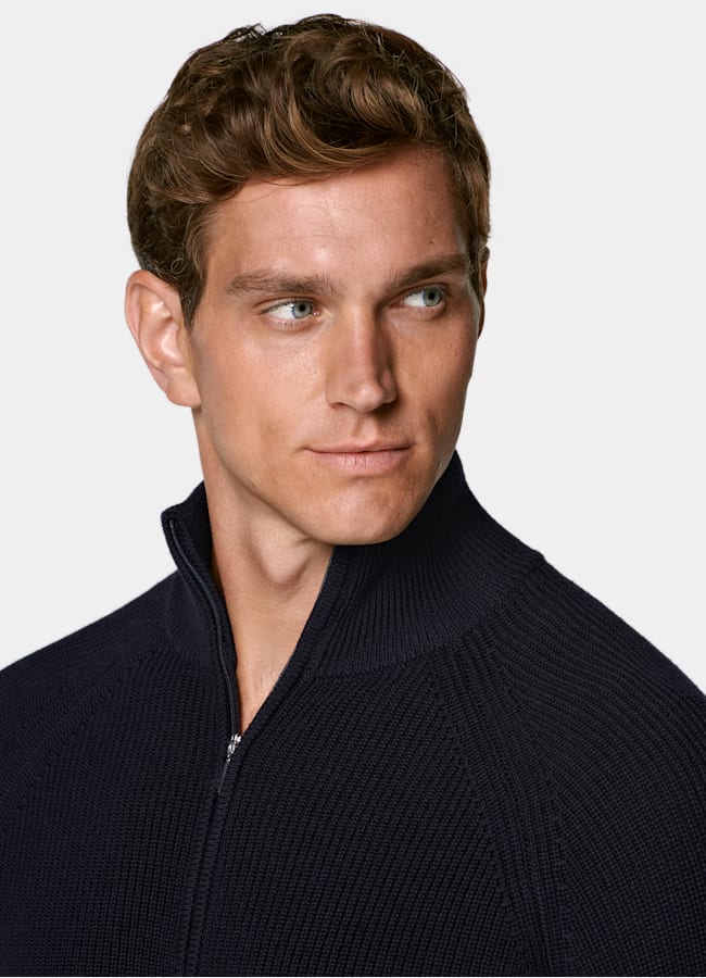 SUITSUPPLY Pure Wool Navy Ribbed Zip Cardigan