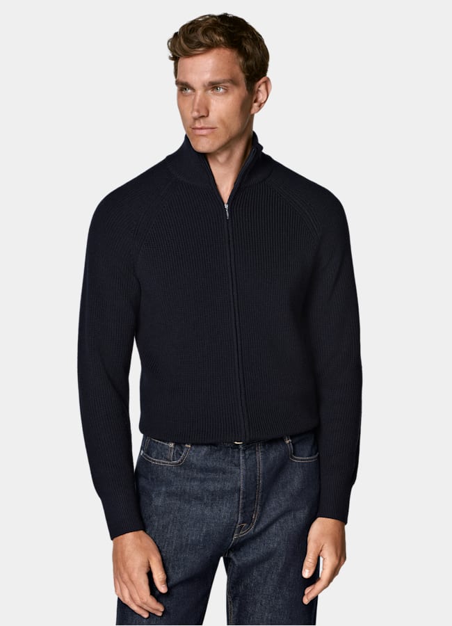 SUITSUPPLY Pure Wool Navy Ribbed Zip Cardigan