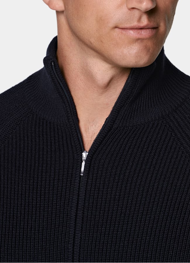 SUITSUPPLY Pure Wool Navy Ribbed Zip Cardigan