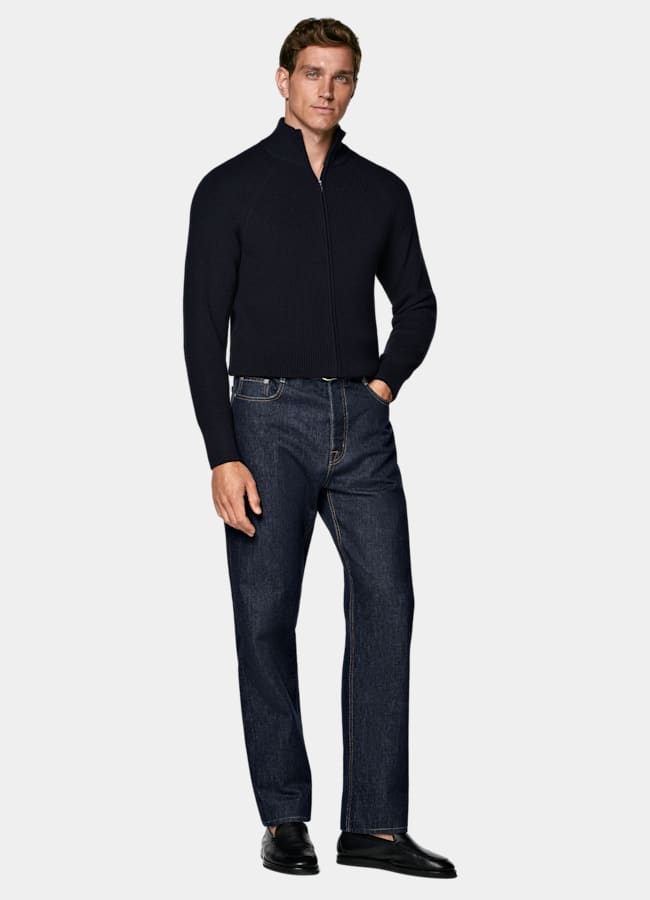 SUITSUPPLY Pure Wool Navy Ribbed Zip Cardigan